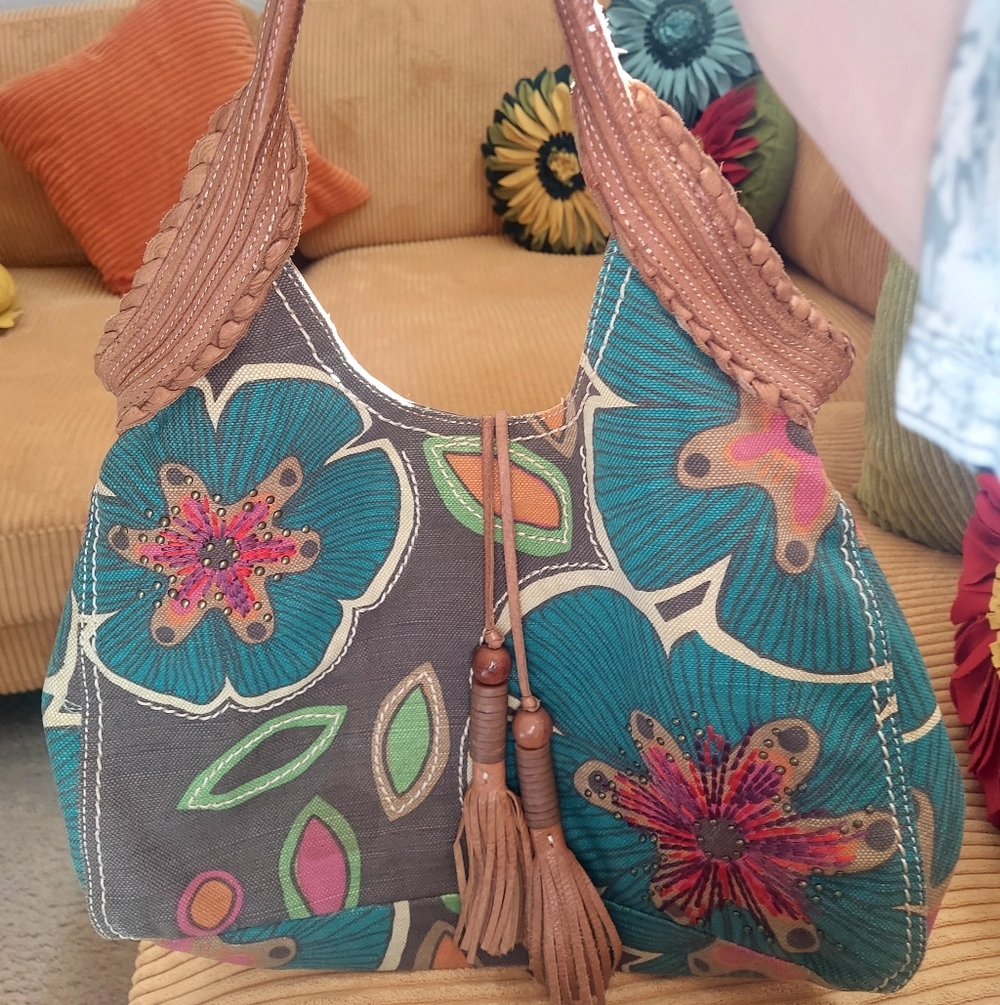 Fossil Brown Handbag with Floral Patchwork And Studs